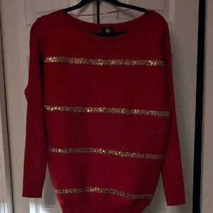 JM Collection Red Sweater with Gold Stripes